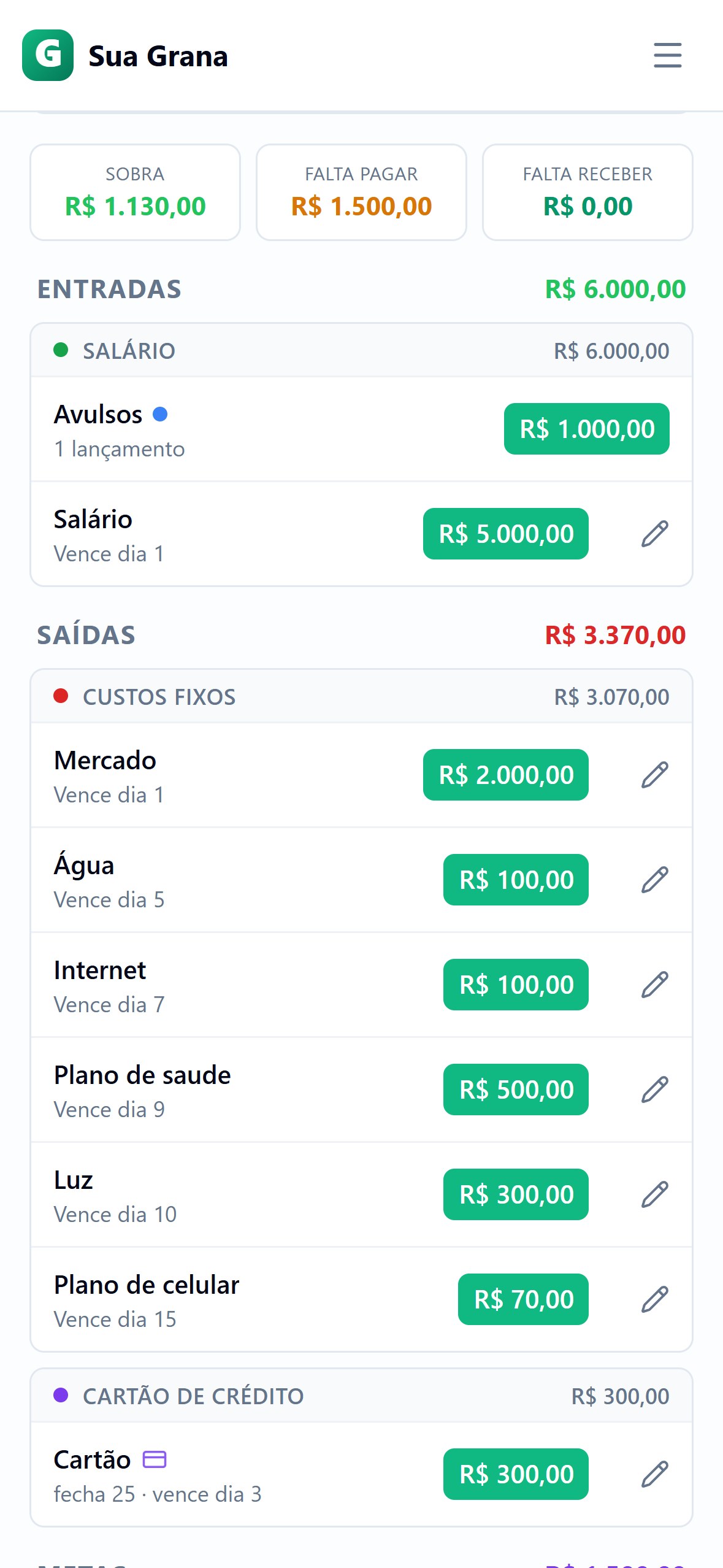 Visão do mês no celular
